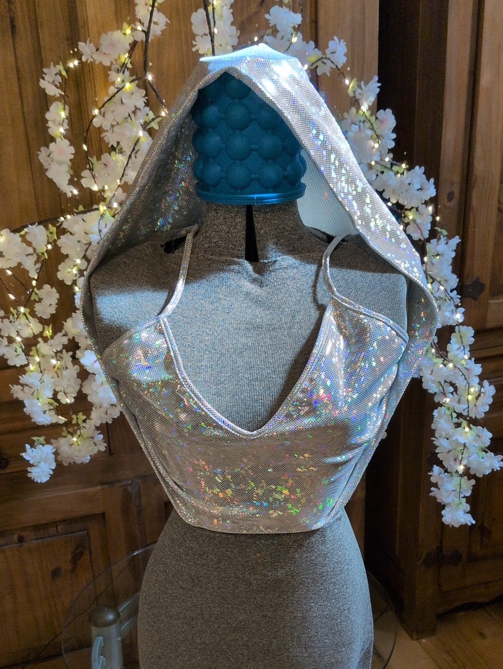 Silver Rainbow Hooded Halter Crop Top